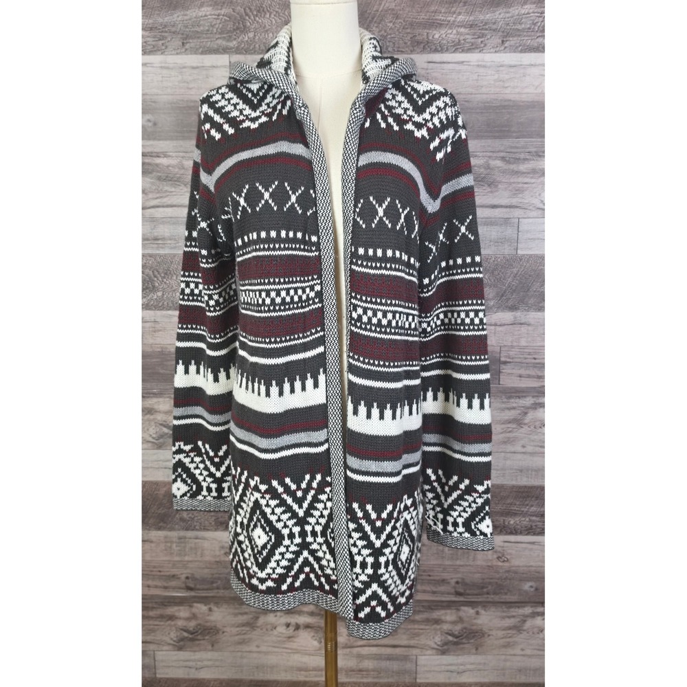 Hannah Womens Hooded Cardigan Sweater Southwestern Fair Isle Geometric Grey Red